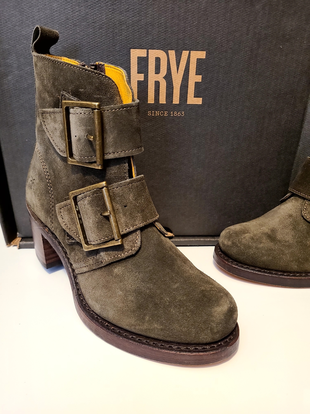 FRYE Sabrina Olive Green Suede Double Buckle Ankle Bootie